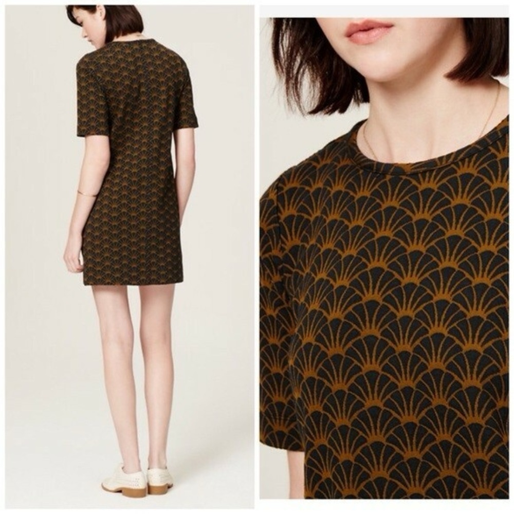 LOFT Navy and Mustard Fan-Print Mini Shift Dress